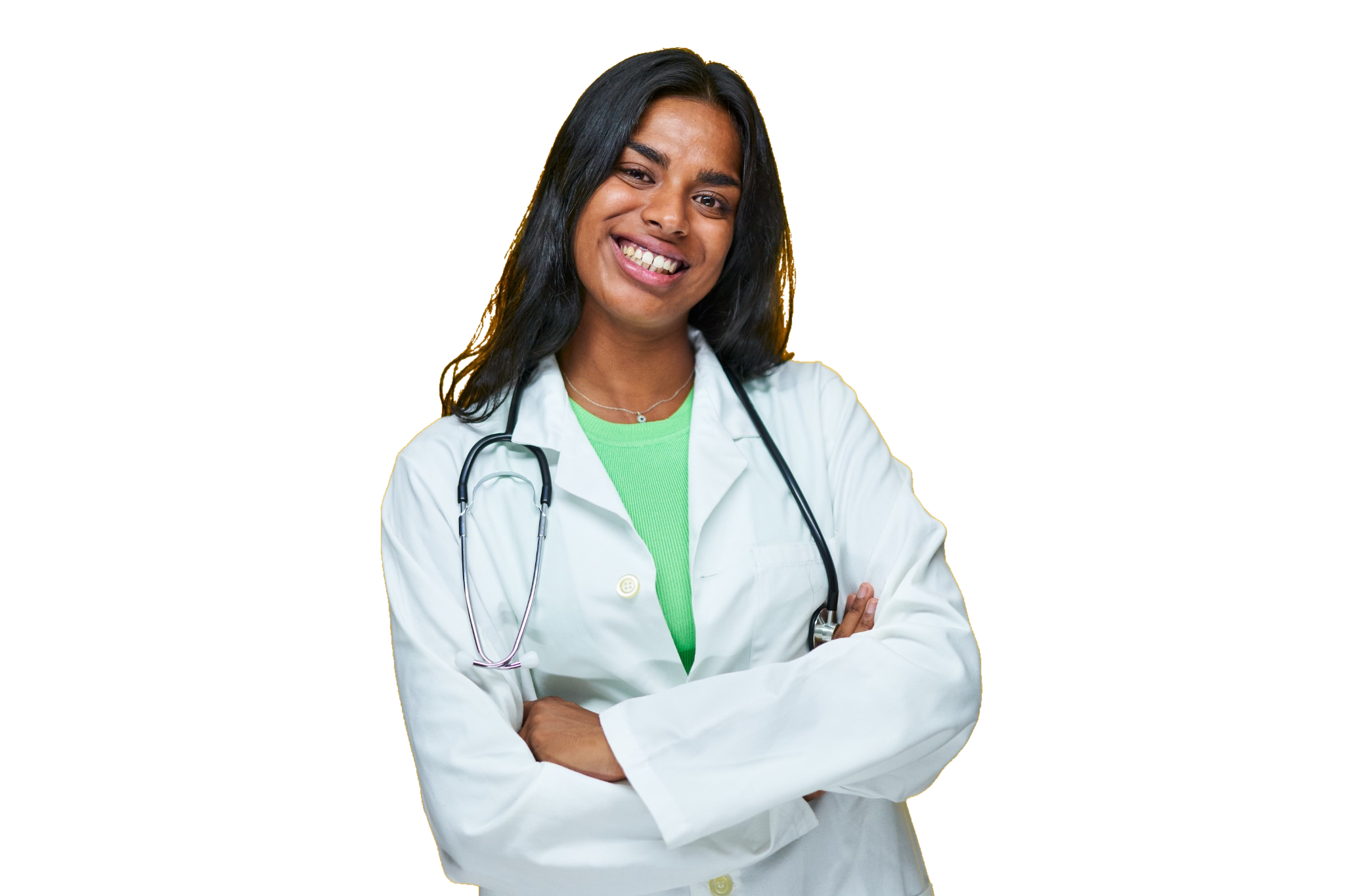 Smiling physician in a white coat